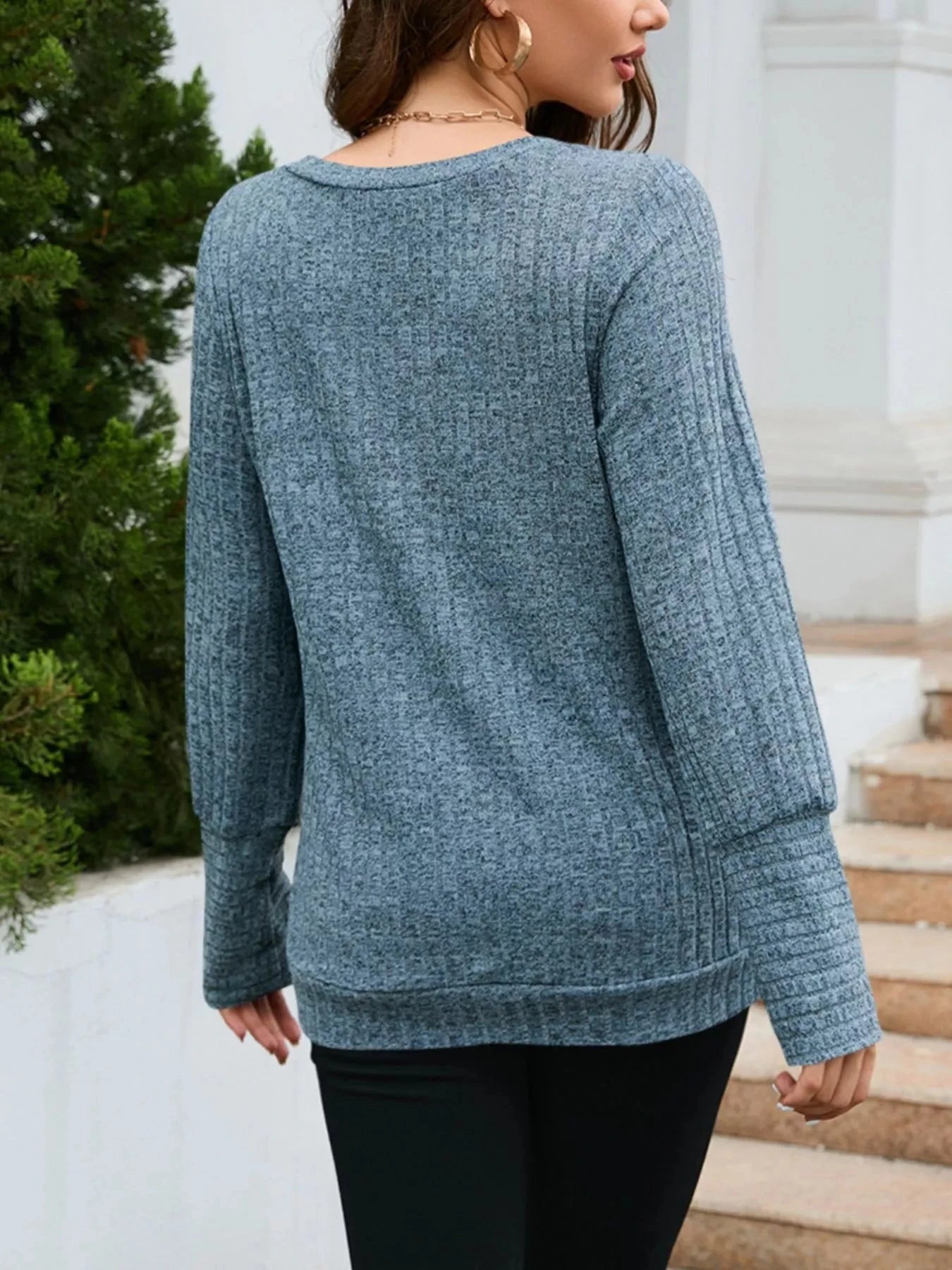 V-Neck Textured Knit Long Sleeve T-Shirt Simply Love