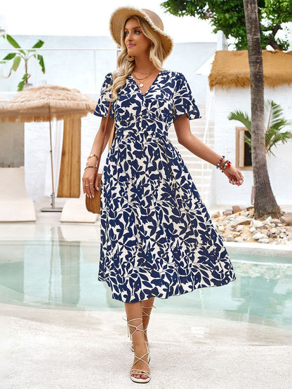 Printed Surplice Short Sleeve Midi Dress.