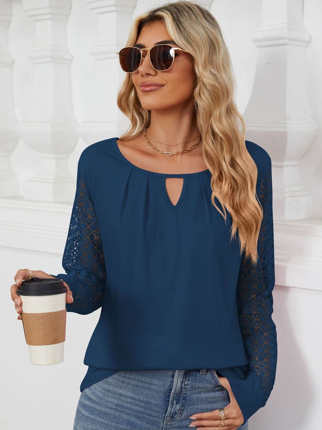 Cutout Round Neck Long Sleeve T-Shirt.