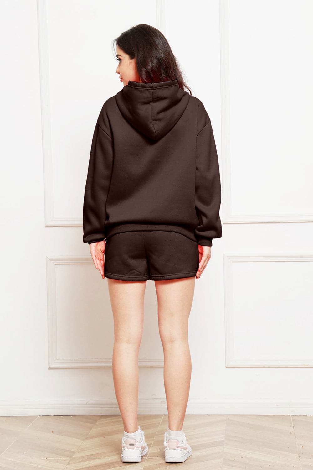 Drop Shoulder Long Sleeve Hoodie and Shorts Set.