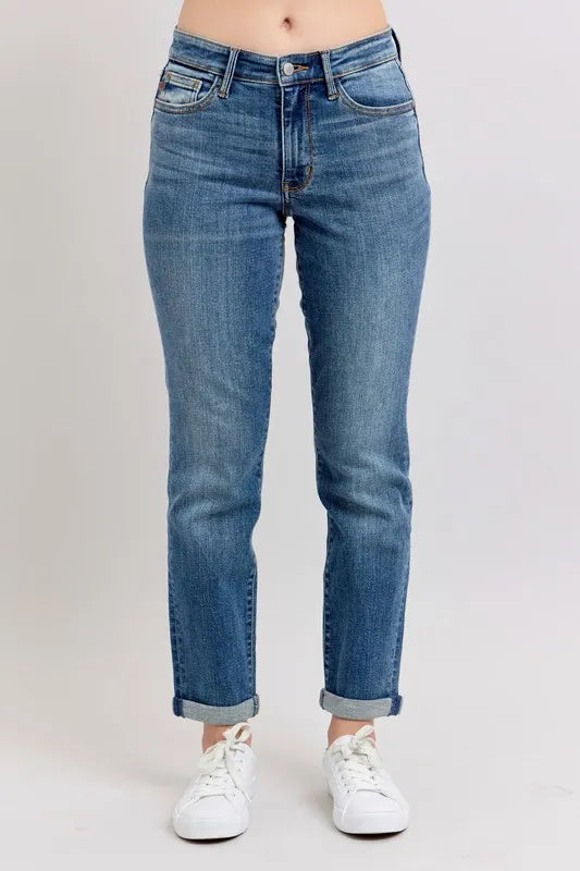 Judy Blue Plus Size Mid Rise Skinny Cuff Jeans with Pockets - Love Salve 