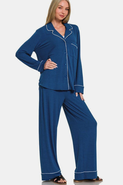 Chic Comfort Button-Up Lounge Set with Long Sleeves and Pants