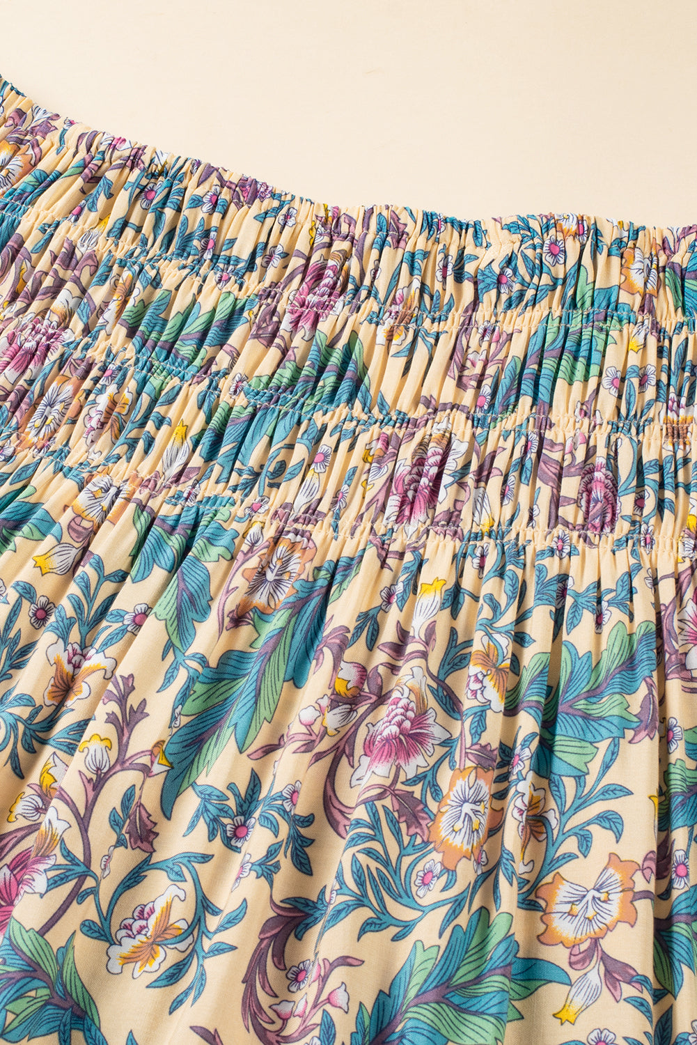 Sky Blue Boho Floral & Paisley Print Shirred Waist Long Skirt