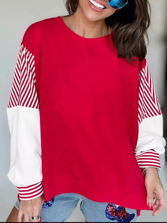 Striped Patchwork Sleeve Colorblock Sweatshirt Simply Love