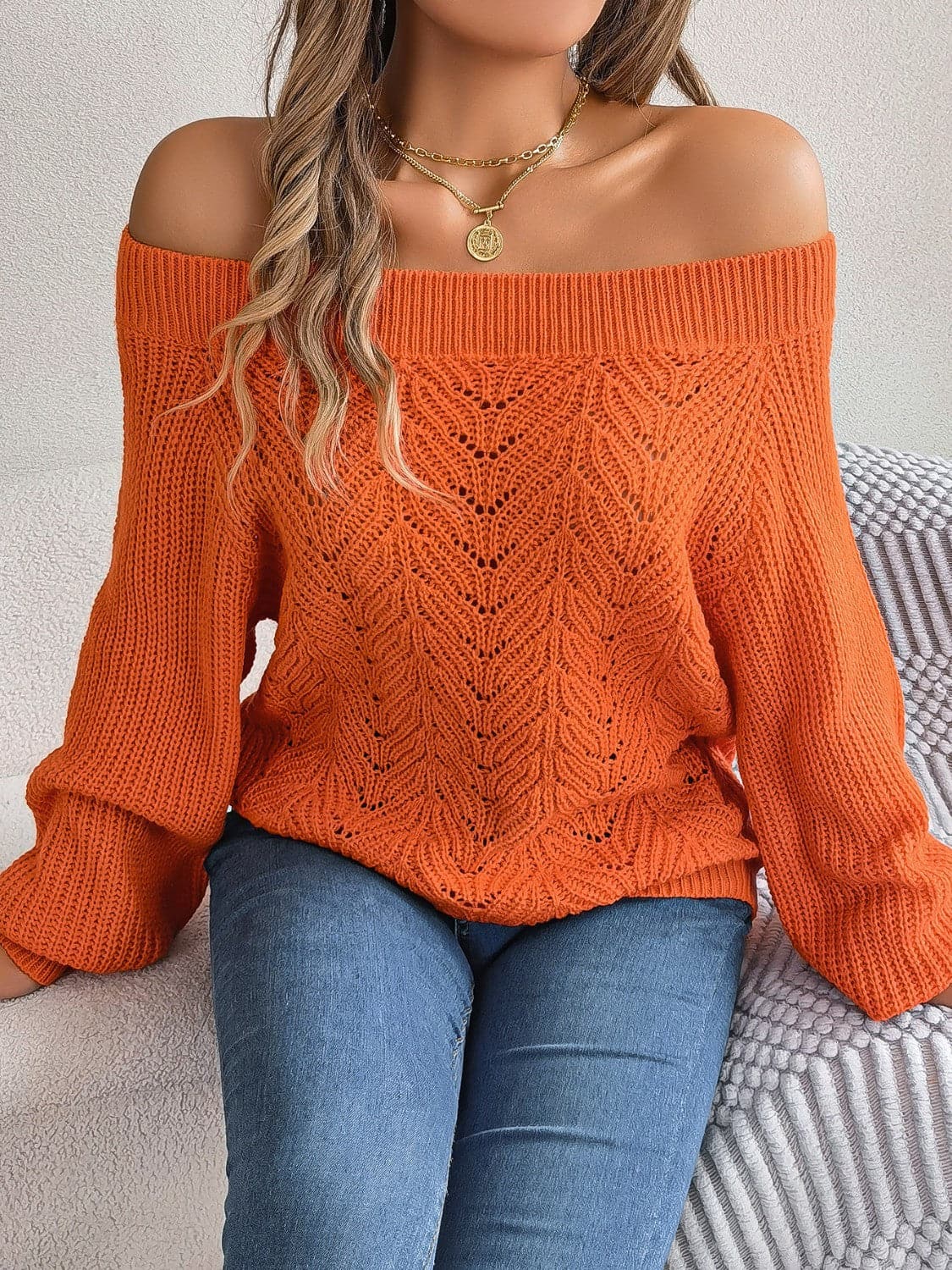 Openwork Off-Shoulder Long Sleeve Sweater.