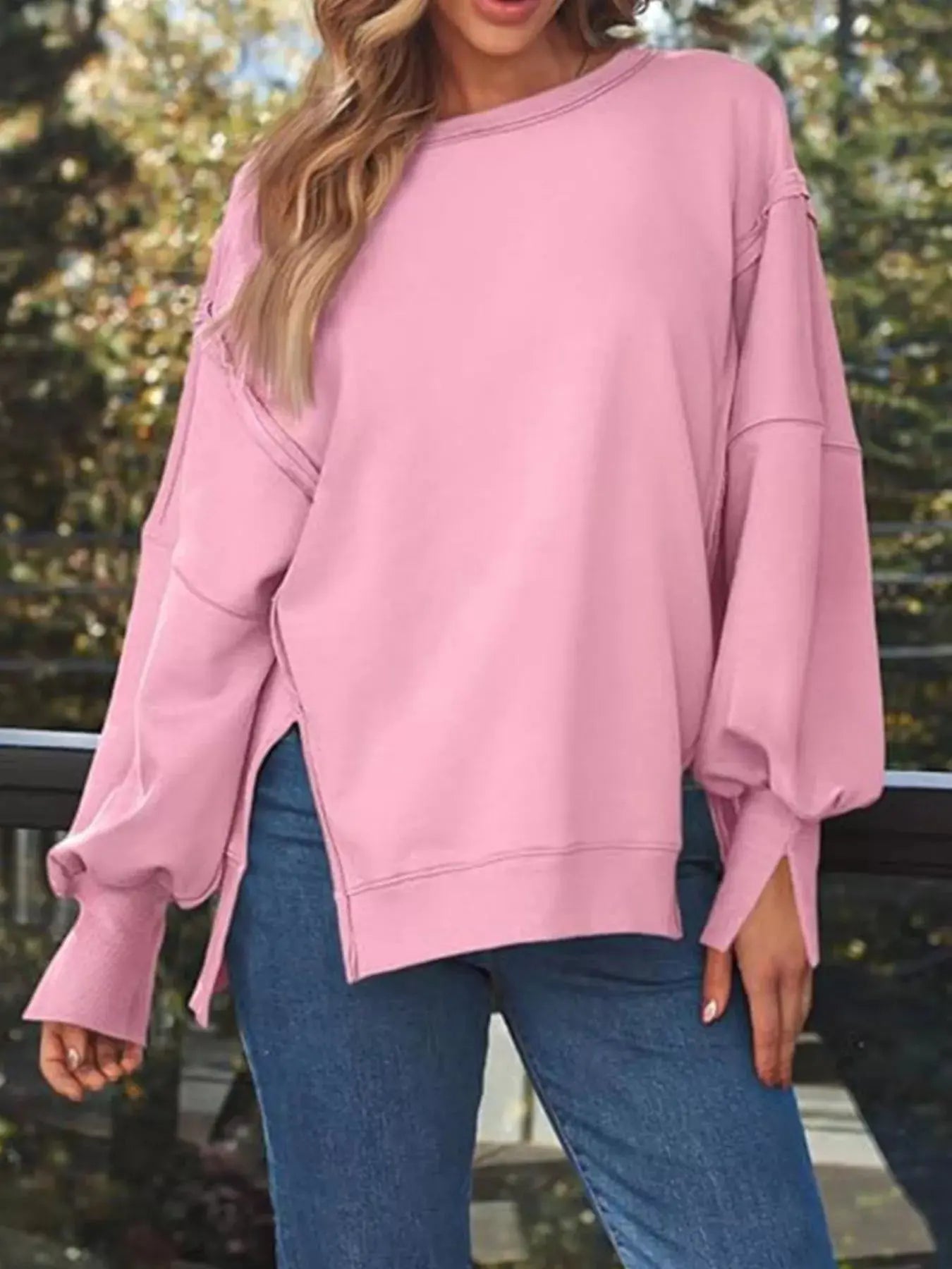 Side Slit Long Sleeve Oversized Sweatshirt Simply Love