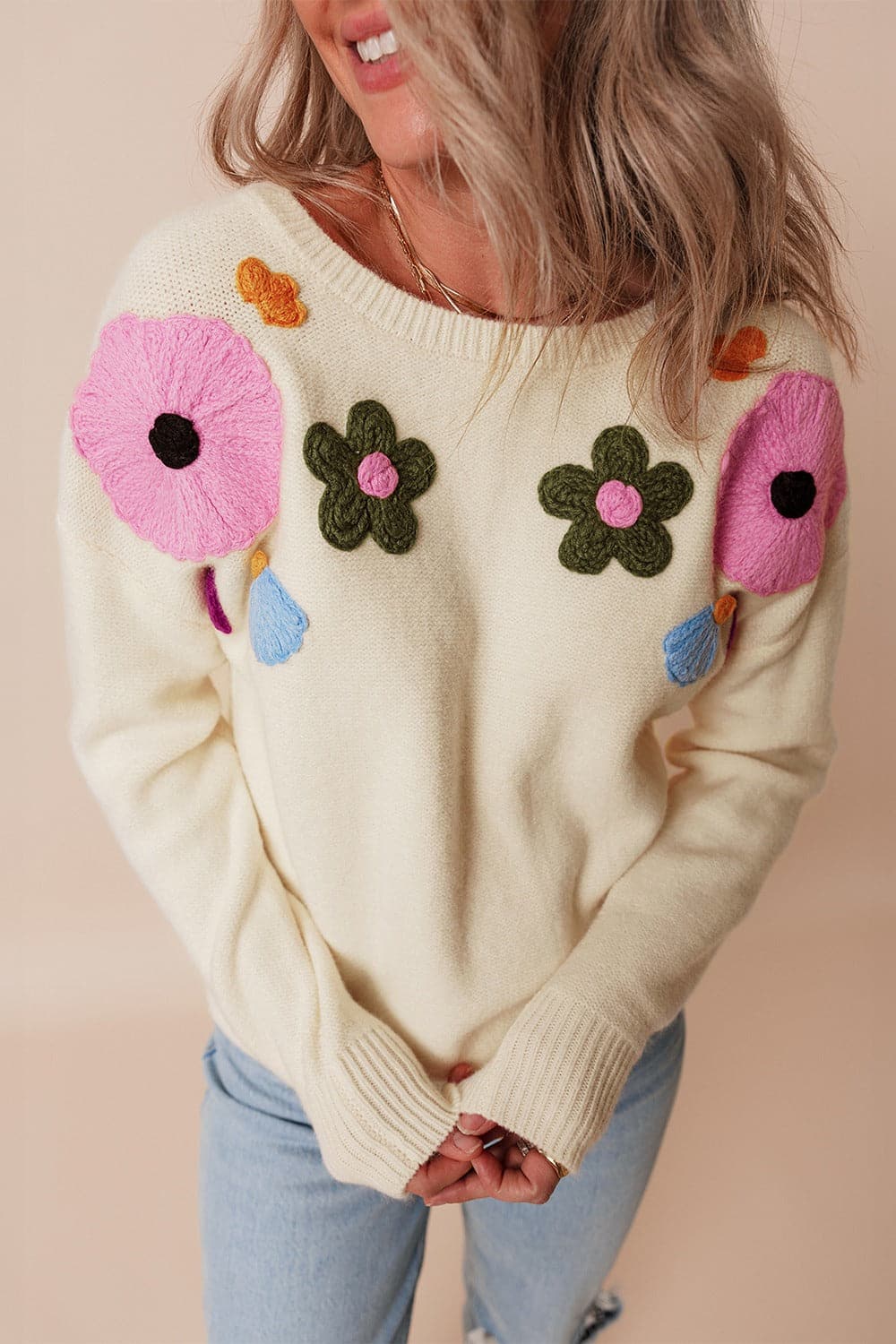 Crochet Flower Round Neck Dropped Shoulder Sweater.