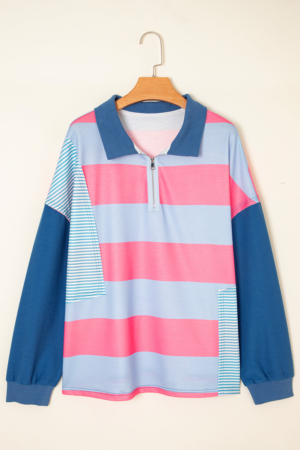 Blue Stripe Colorblock Patchwork Zip Up Plus Size Pullover Dear-Lover Dropshipping