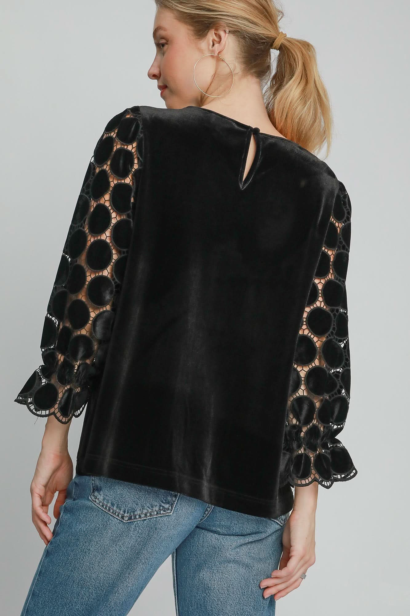 Charming Polka Dot Lace Long Sleeve Blouse with Round Neck