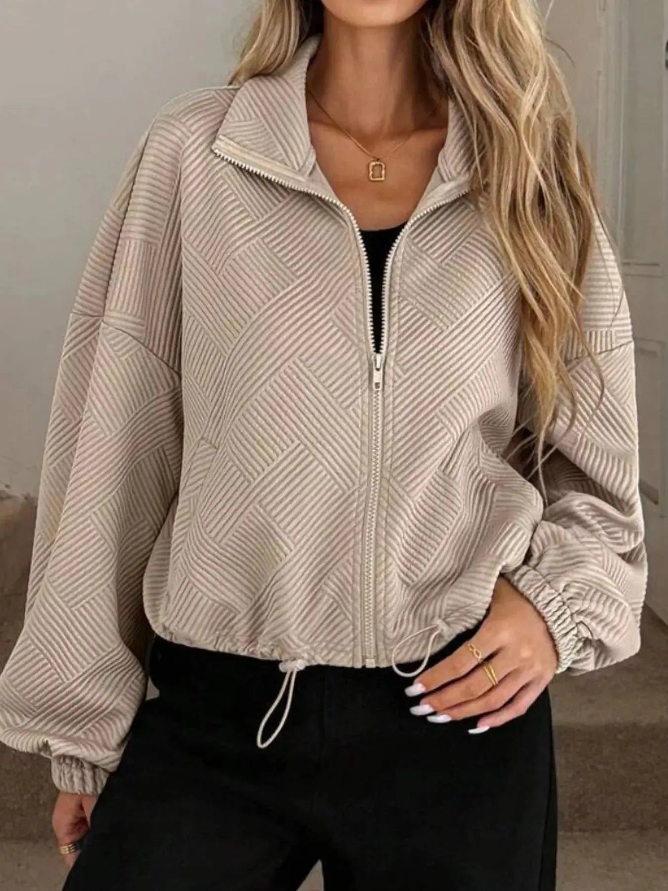 Textured Zip-Up Drawstring Hem Jacket Simply Love