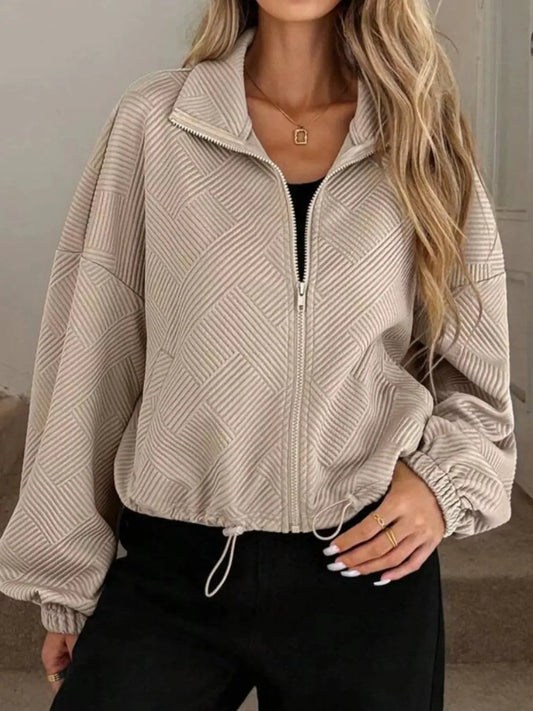 Textured Zip-Up Drawstring Hem Jacket Simply Love