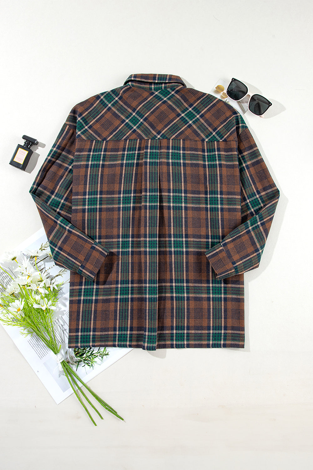 Brown plaid button-up shacket with chest pockets