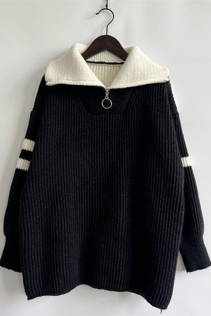 Quarter Zip Striped Dropped Shoulder Sweater.