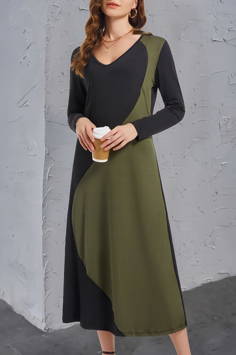 Contrast Long Sleeve Midi Dress.