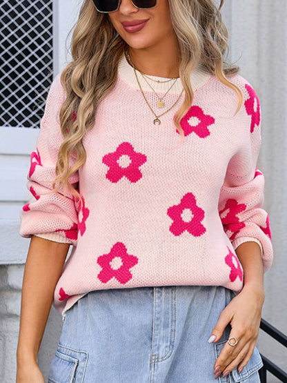 Cozy floral round neck oversized sweater