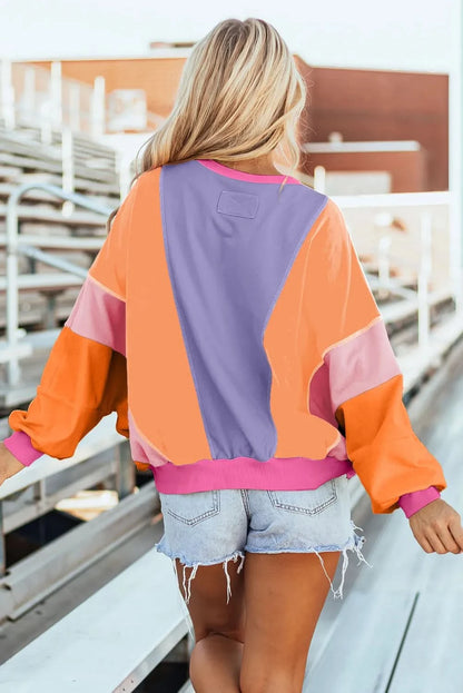 Chic color block long sleeve top with pockets