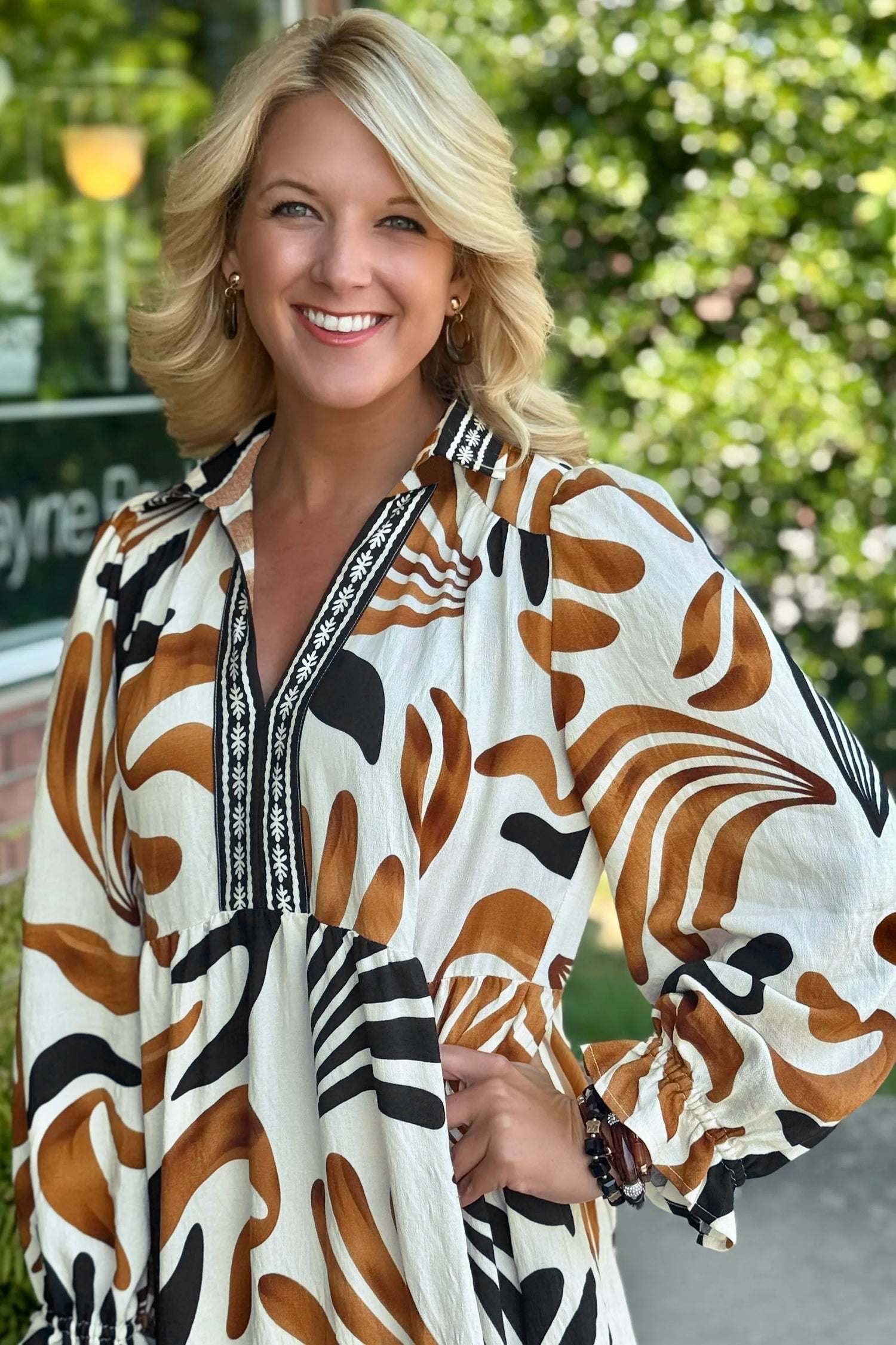 Brown Tropical Print Dress With Contrast Trim Neck Long Sleeve Ruffle Hem Dear-Lover Dropshipping