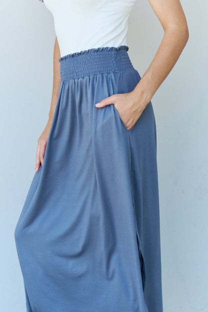 Doublju Comfort Princess Full Size High Waist Scoop Hem Maxi Skirt in Dusty Blue.