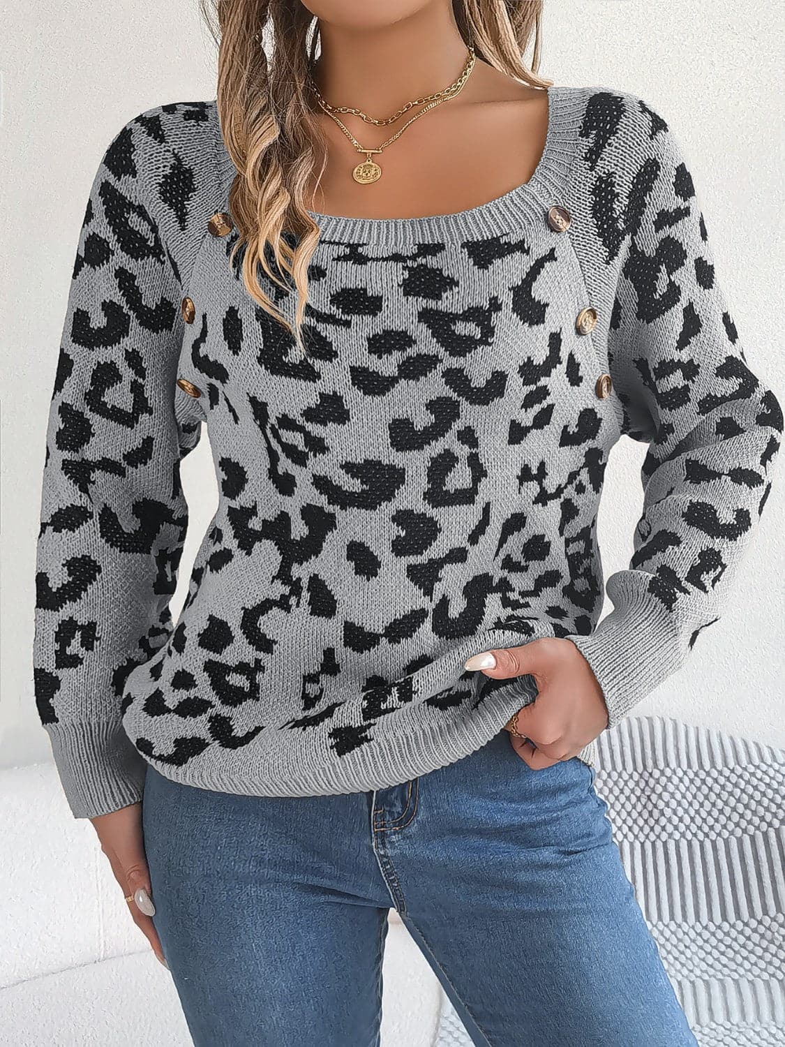 Leopard Buttoned Square Neck Sweater.