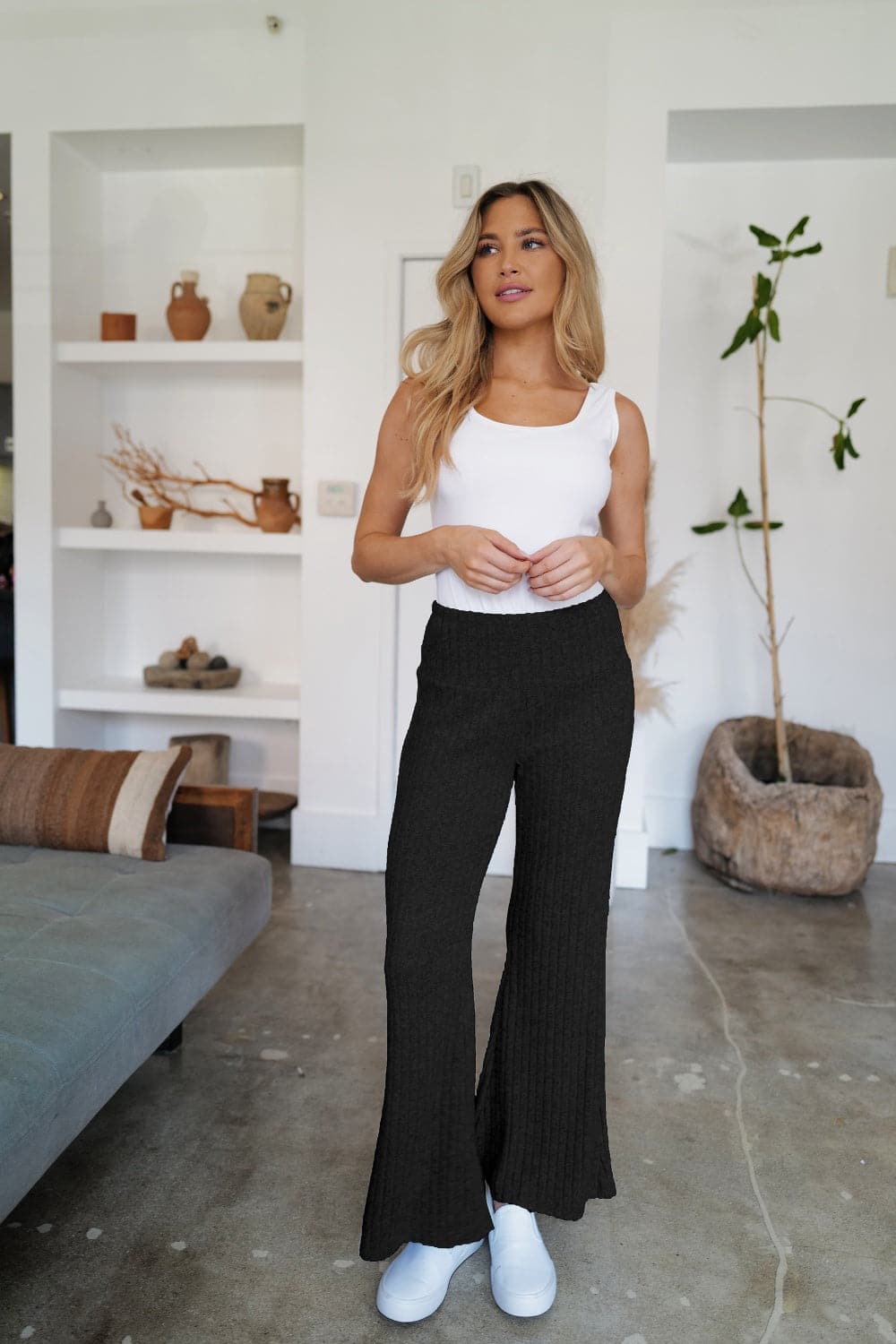 Ribbed High Waist Flare Pants.