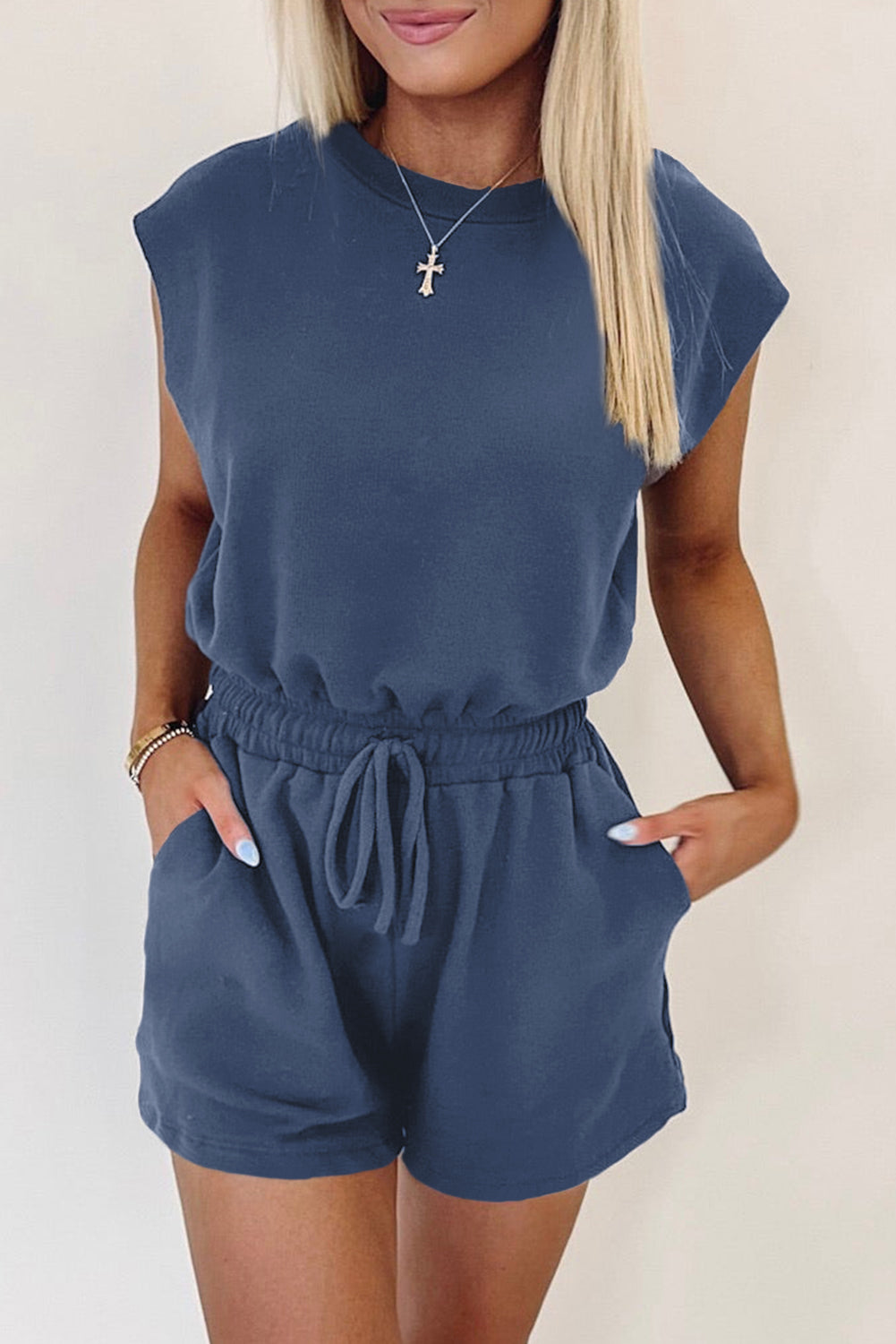 Ashleigh Blue Knit Open Back Cap Sleeve Romper for Women