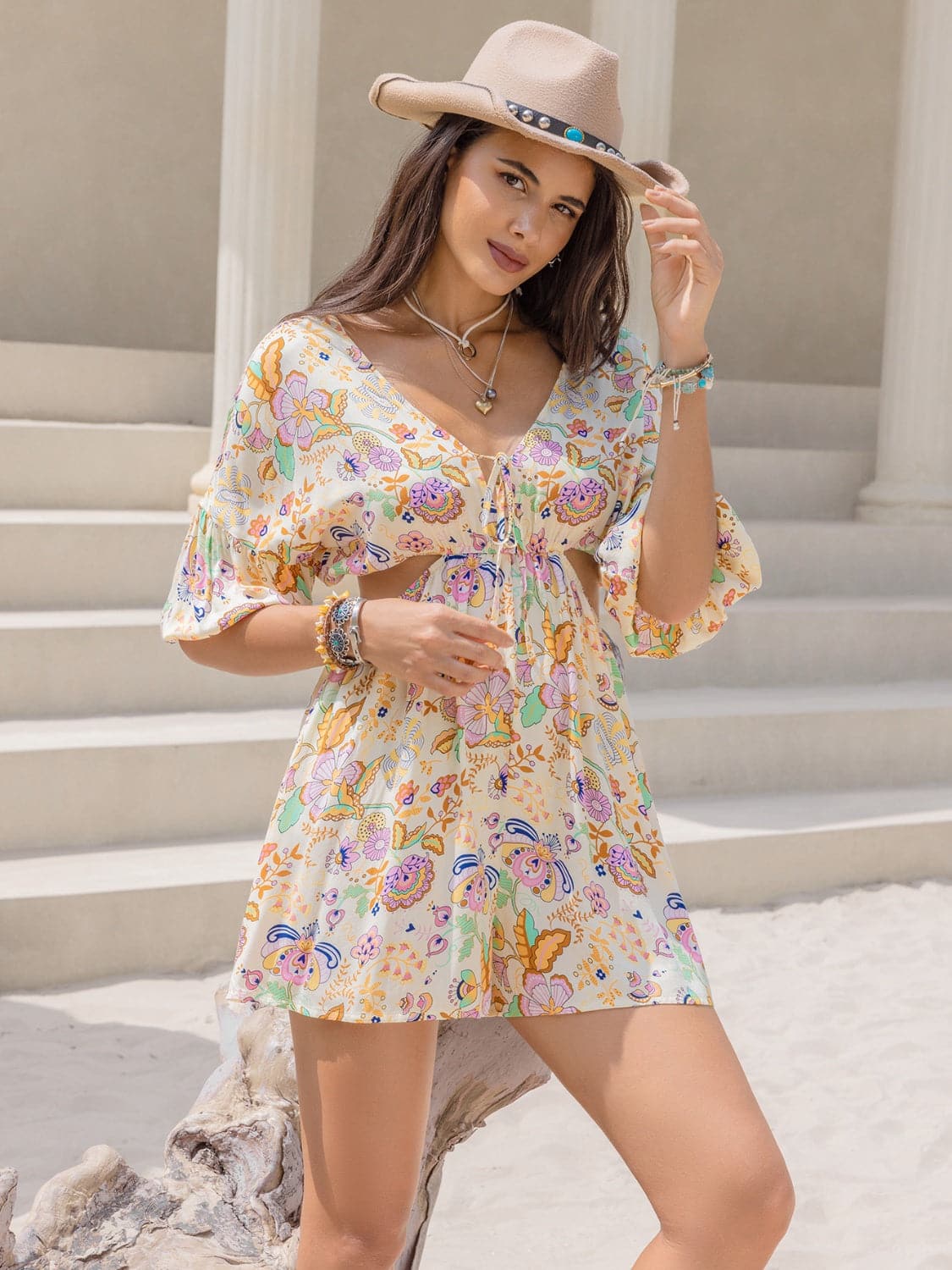 Cutout Printed Half Sleeve Romper.