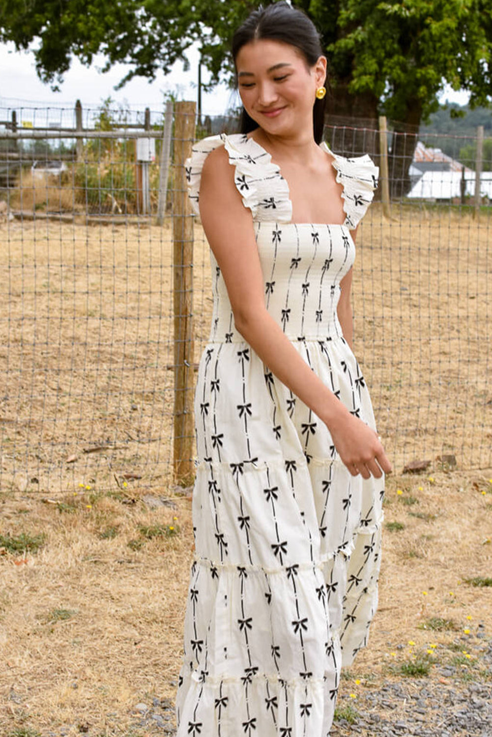 Chic Black Bow Print Tiered Maxi Dress with Ruffled Straps