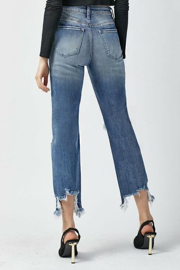 RISEN High Waist Distressed Frayed Hem Cropped Straight Jeans.