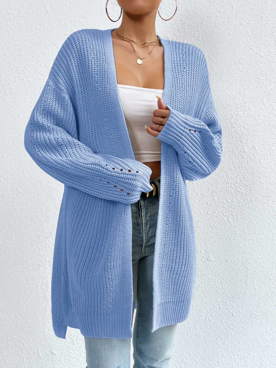 Open Front Dropped Shoulder Slit Cardigan.