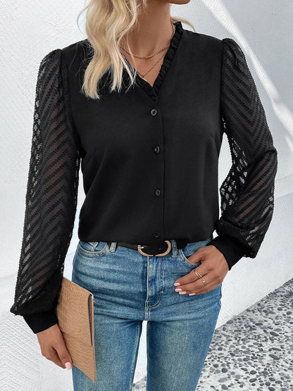 Mesh V-Neck Button Front BlouseExperience Elegance: Mesh V-Neck Button Front Blouse
 Indulge in sophistication with our Mesh V-Neck Button Front Blouse, a stunning piece that effortlessly combinesLove Salve -Neck Button Front BlouseBlouses