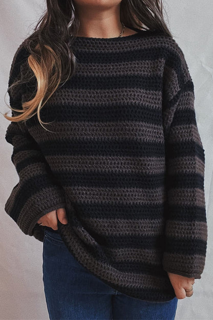 Striped Round Neck Dropped Shoulder Sweater.