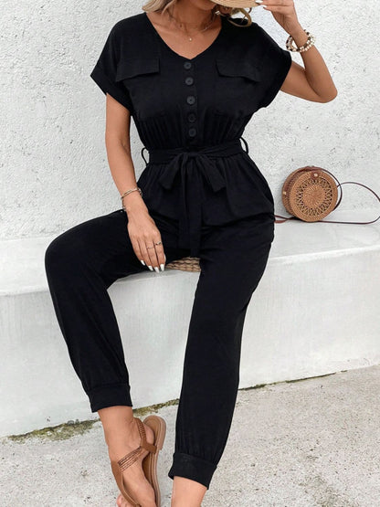 V-Neck Short Sleeve Jumpsuit.