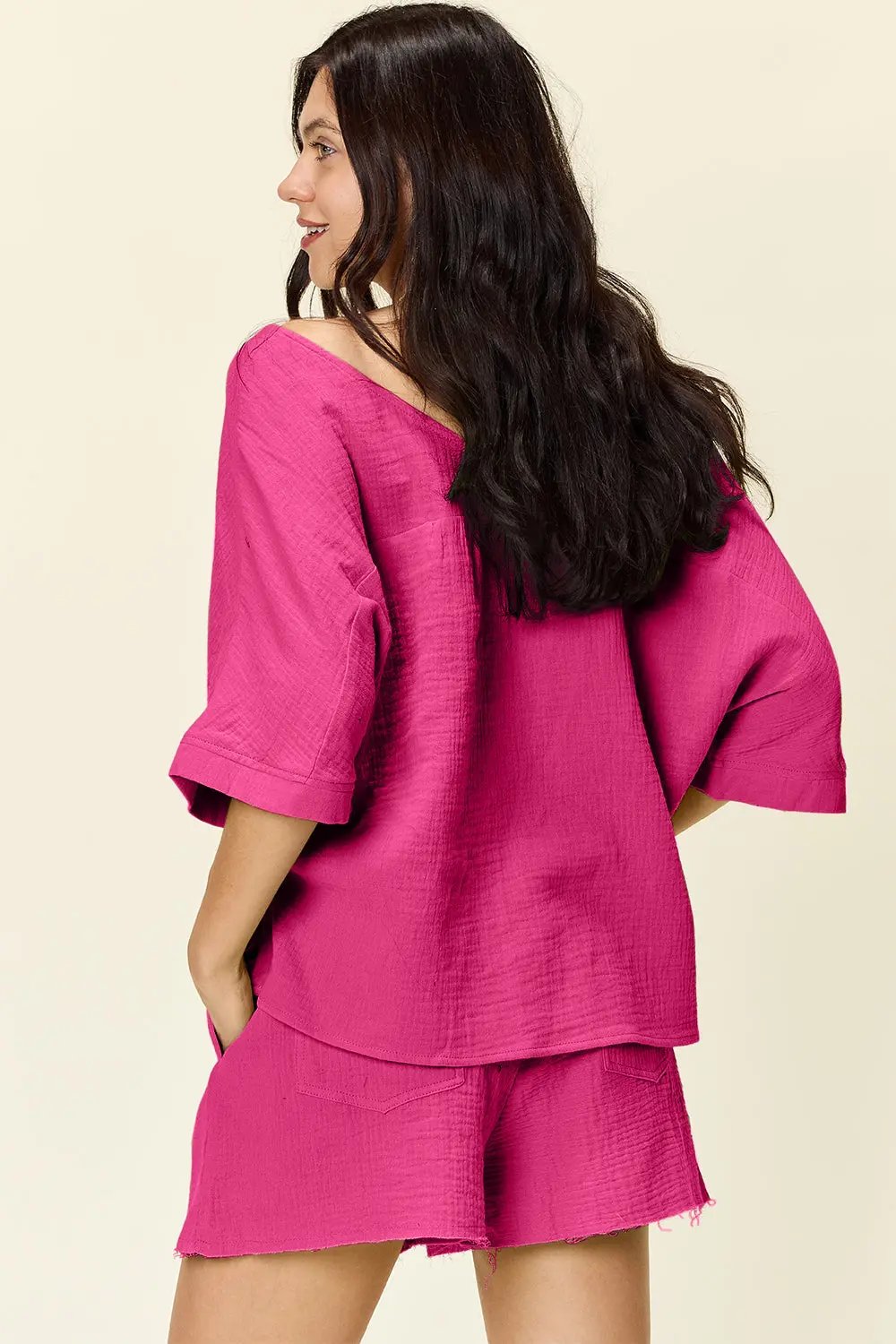 Double Take Texture Half Sleeve T-Shirt and Drawstring Shorts Set - Love Salve