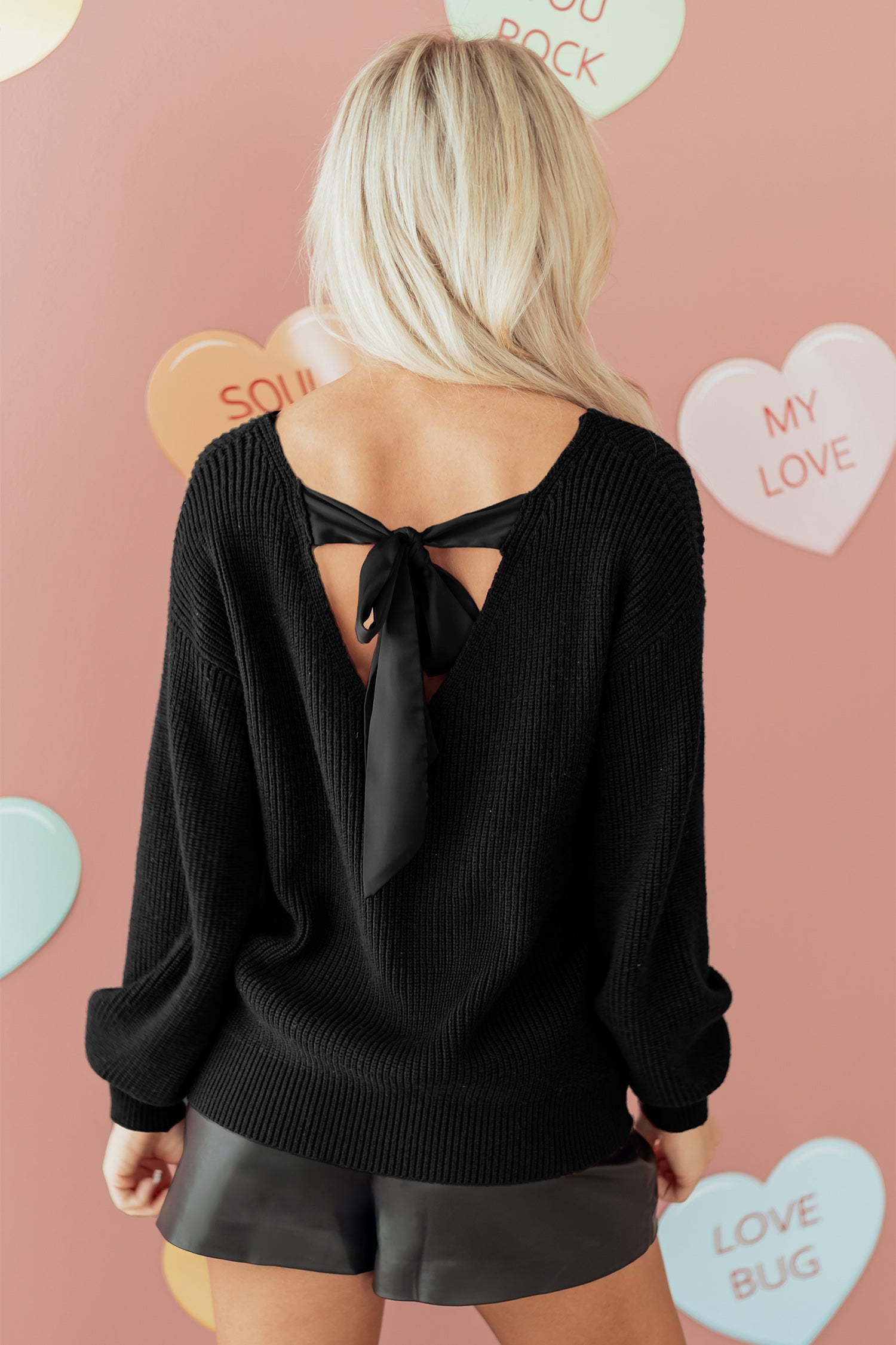 Black Ribbed Knit Backless Knot Drop Shoulder Sweater Dear-Lover Dropshipping