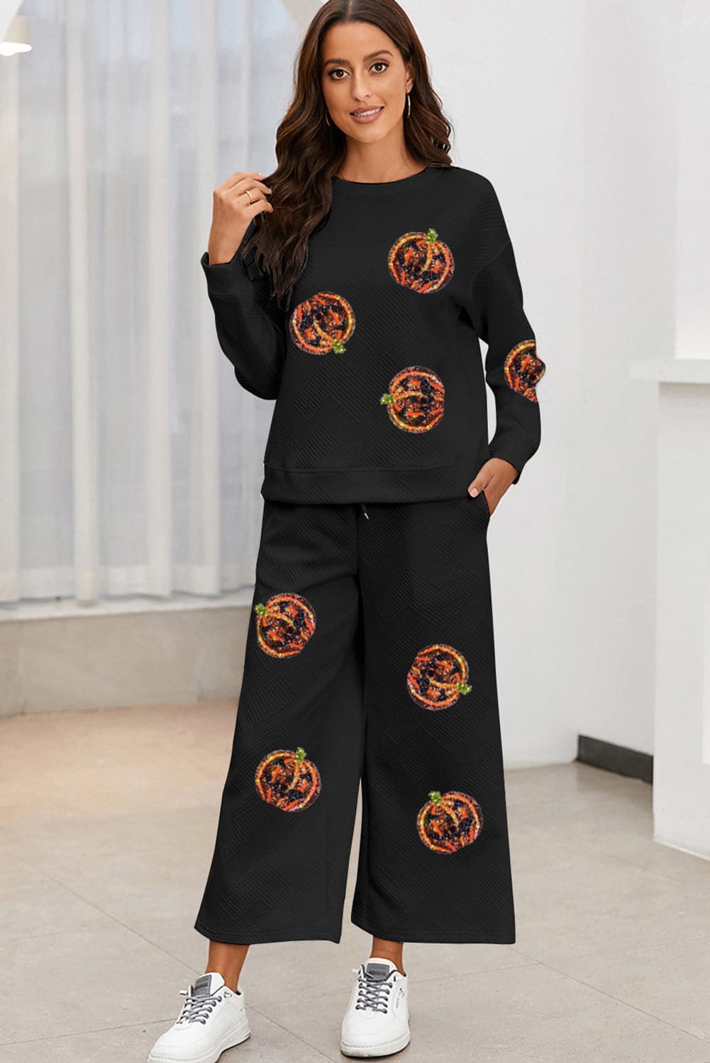 Sequin Patch Pumpkin Top and Pants Set.