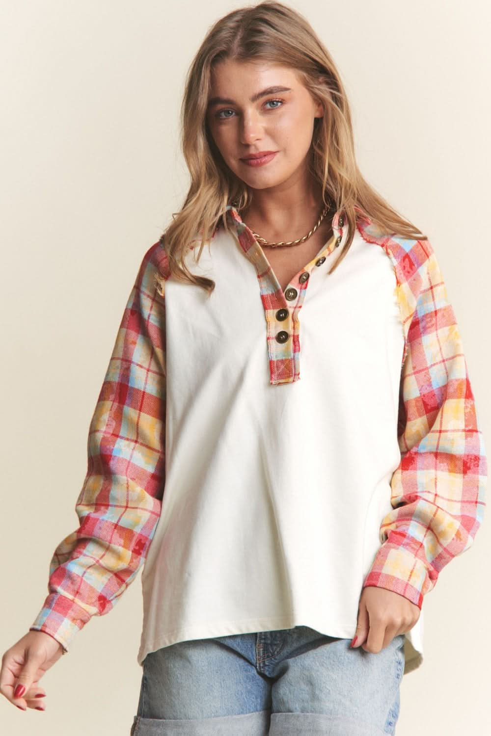 J.NNA plaid henley top - button down