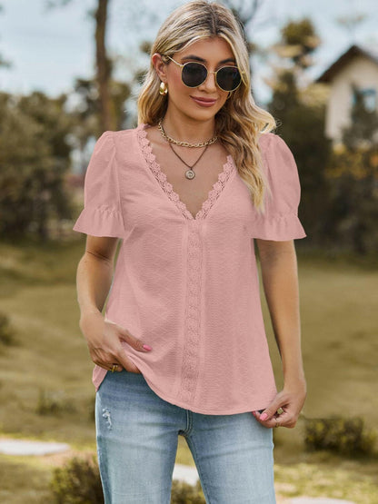 Lace Detail V-Neck Flounce Sleeve BlouseUpgrade Your Style with our Lace Detail V-Neck Blouse!
 
 
Chic Design: Elevate your look with the intricate lace detailing and flounce sleeves of this blouse.
 
VerLove Salve -Neck Flounce Sleeve BlouseShirts