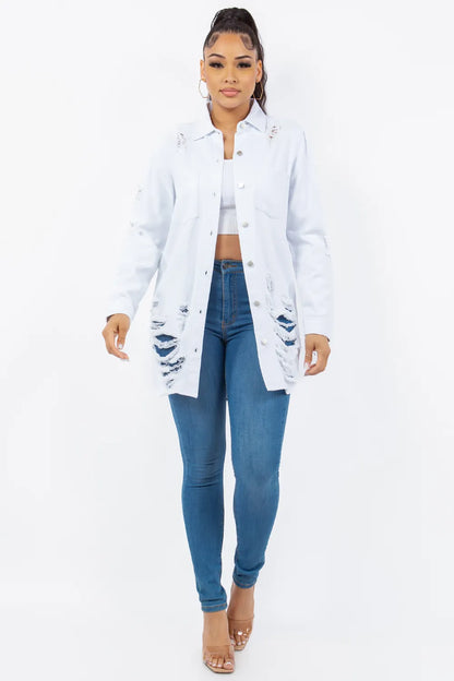 American Bazi Distressed Button Up Long Sleeve Denim Jacket - Love Salve 