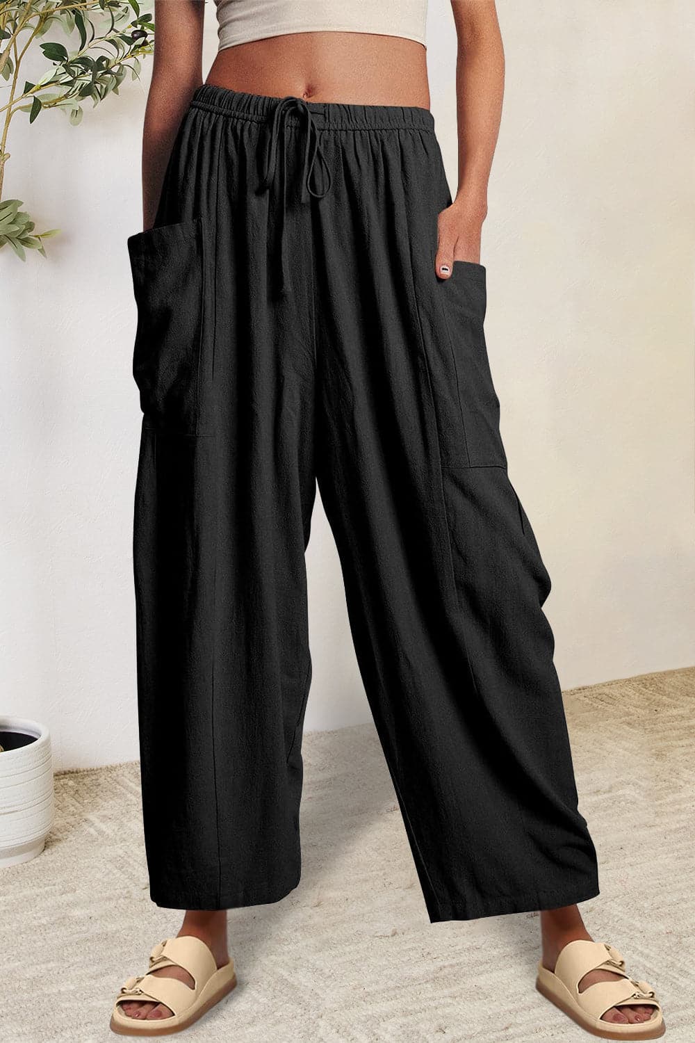 Full Size Pocketed Drawstring Wide Leg Pants.