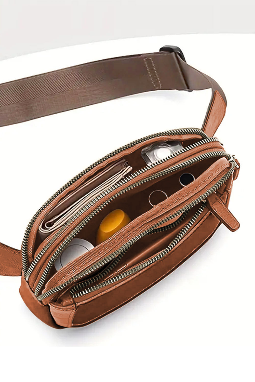 Sleek camel multi-zip crossbody bag for everyday adventures