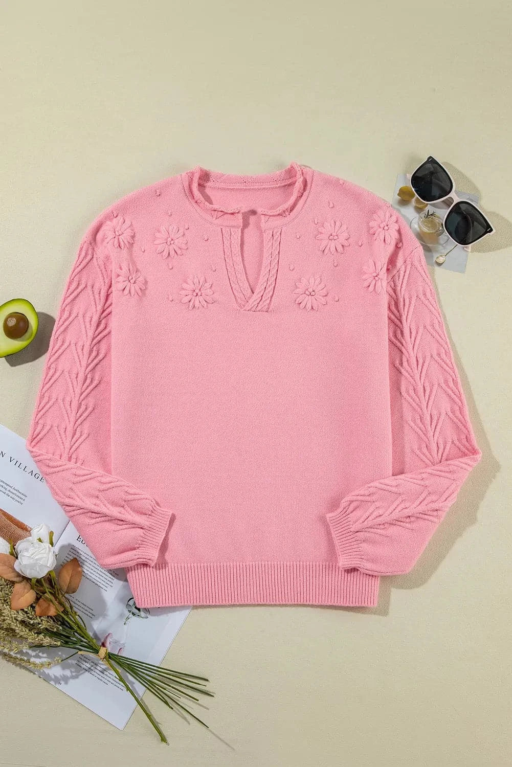 Notched Long Sleeve Sweater.