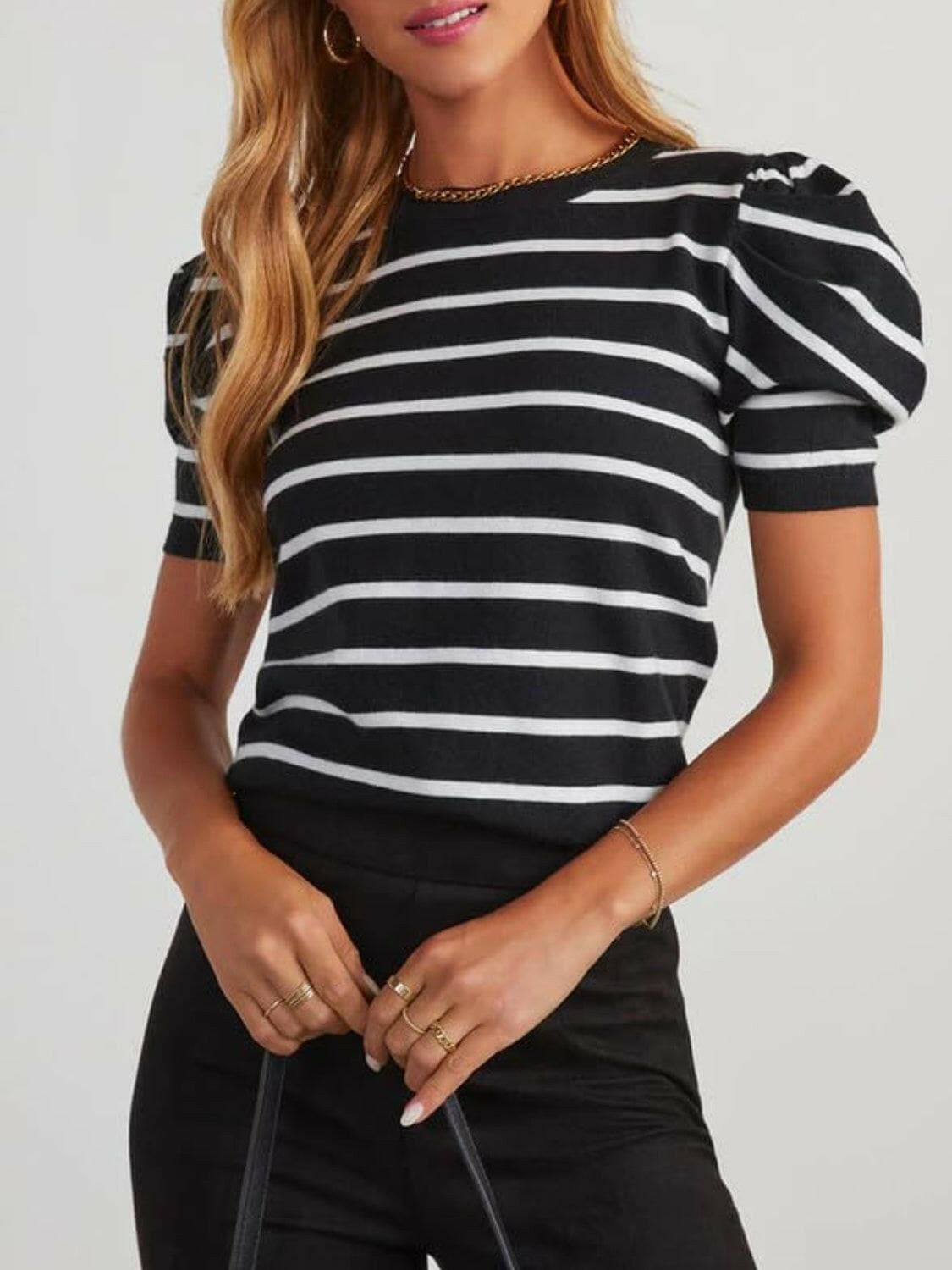 Striped Round Neck Puff Sleeve Knit Top.