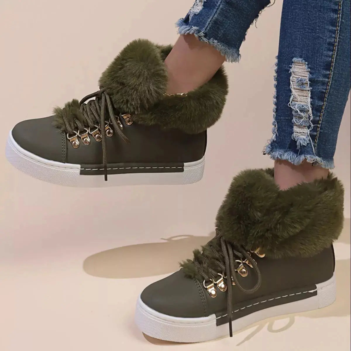 Fuzzy Trim Lace-Up Ankle Boots Simply Love