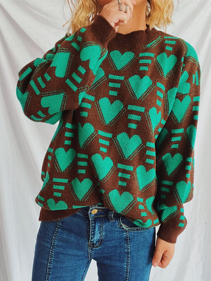 Heartfelt Contrast Long Sleeve Sweater with Dropped Shoulders