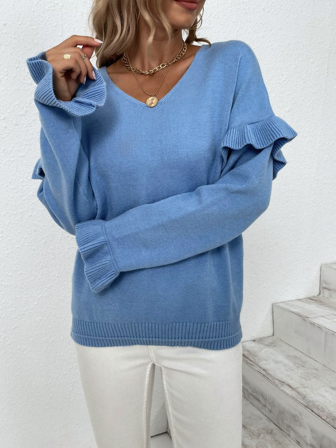 Ruffled V-Neck Dropped Shoulder Sweater.