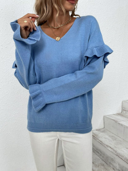 Ruffled V-Neck Dropped Shoulder Sweater.