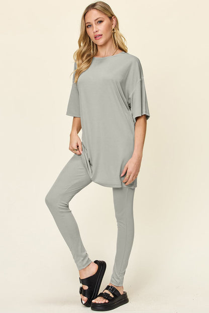 Double Take Full Size Round Neck Dropped Shoulder T-Shirt and Leggings Set.