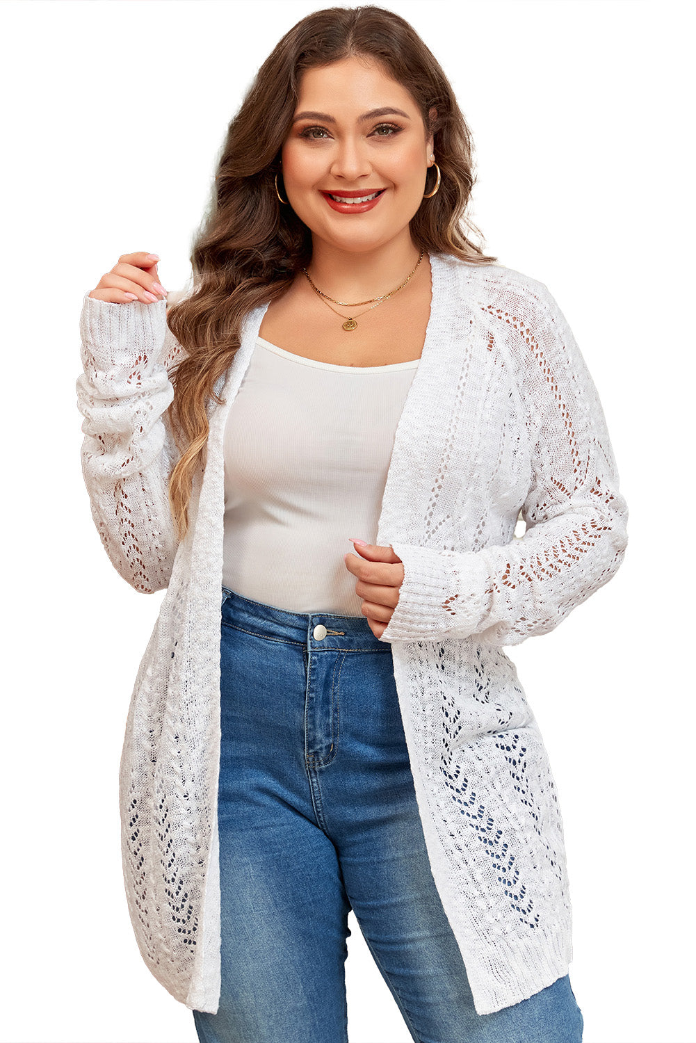 Chic white plus size eyelet knit open cardigan for effortless layering