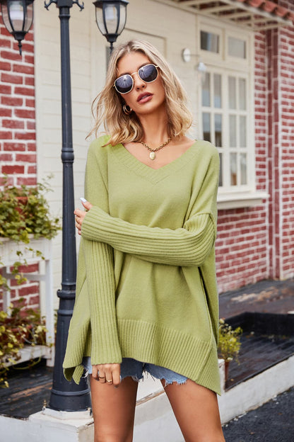 V-Neck Slit Exposed Seam Sweater.