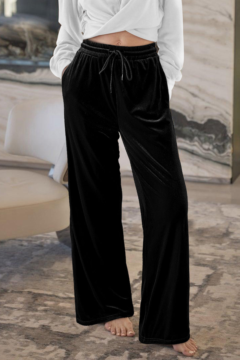 Chic black wide leg pants with adjustable drawstring waist